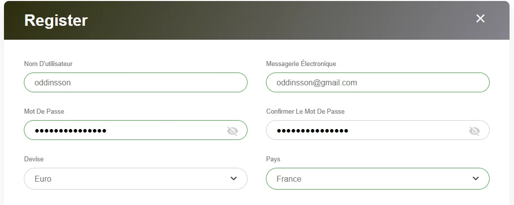Formulaire d'inscription Thor Casino