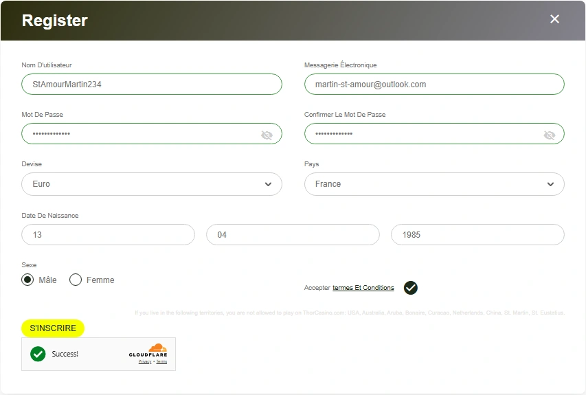Formulaire d'inscription Thor Casino